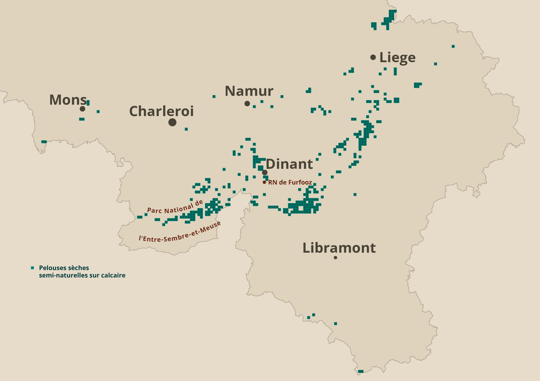 Carte de répartition des pelouses calcaires en Wallonie