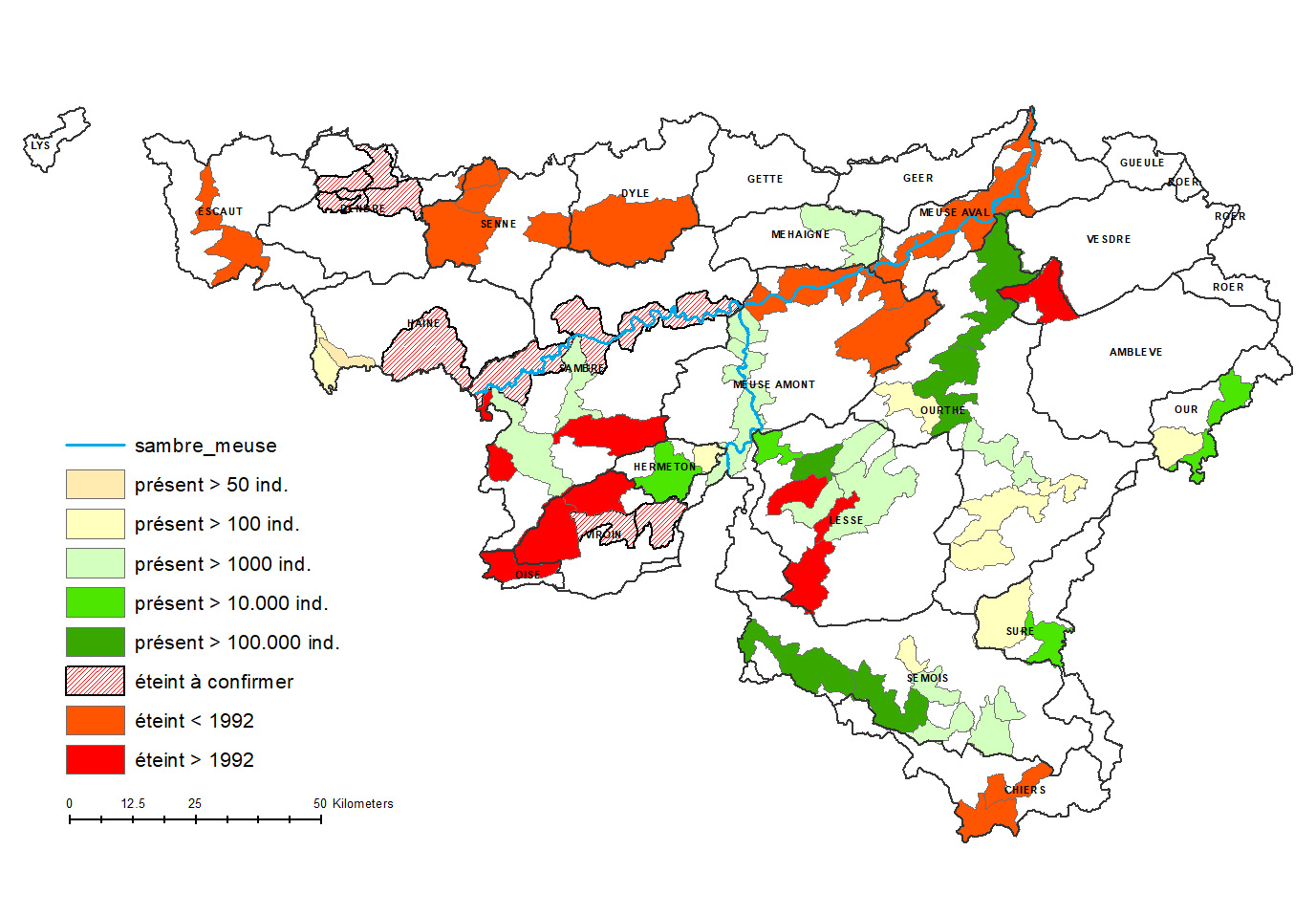 Distribution de la mulette épaisse (Unio crassus) en Wallonie (G. Motte, SPWARNE-DEMNA